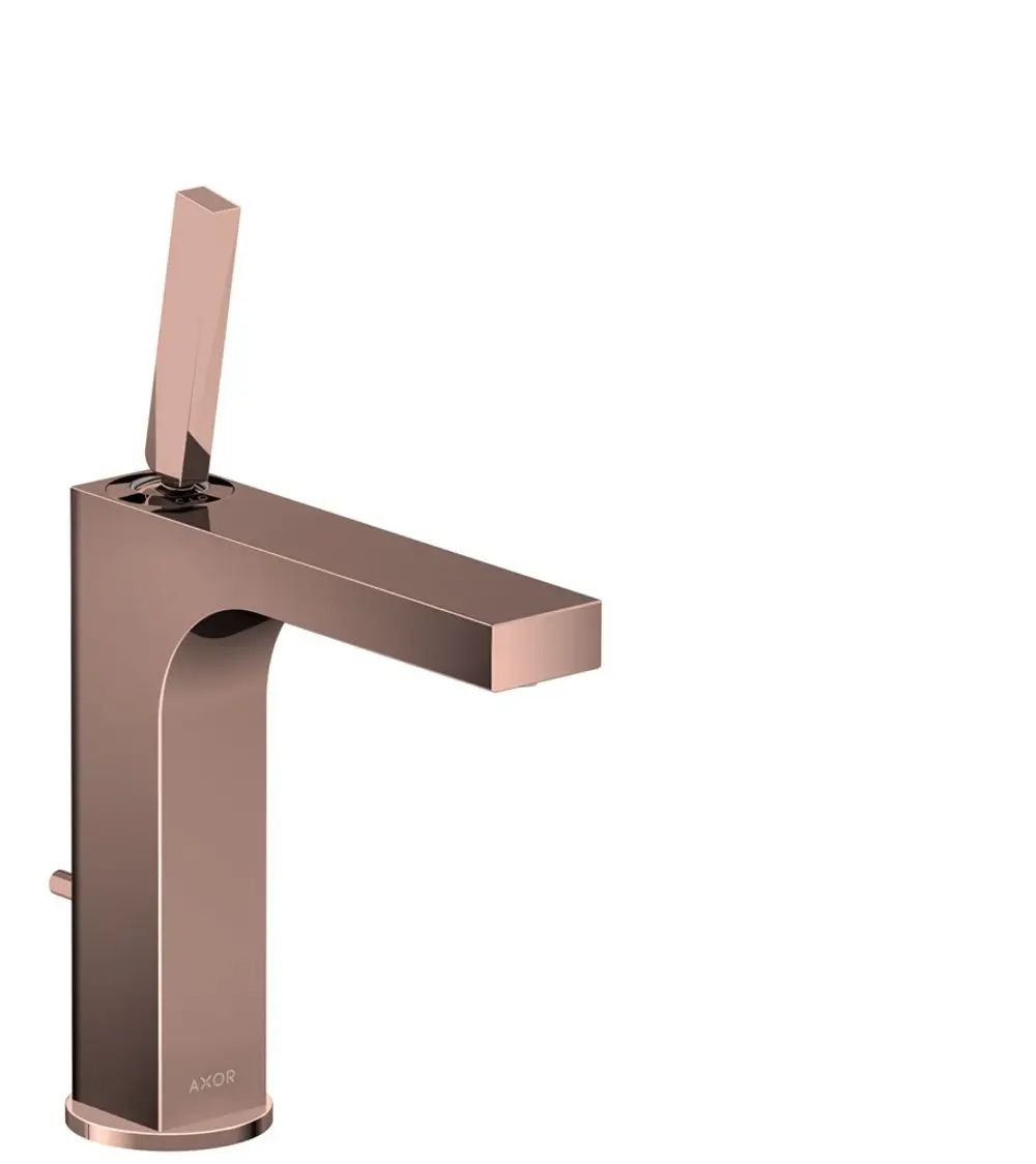 AXOR Waschtischmischer in Polished Red Gold, mit einem starren Auslauf und einem schmalen, rechteckigen Griff zur Steuerung des Wasserflusses.